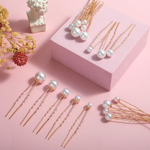 Lusofie 18Pcs Pearl Bobby Pins U Shaped Gold Hair Pins for Wedding Bridal