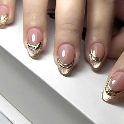 Gold French Press on Nails Short Almond False Nails with 3D Gilded Line Design