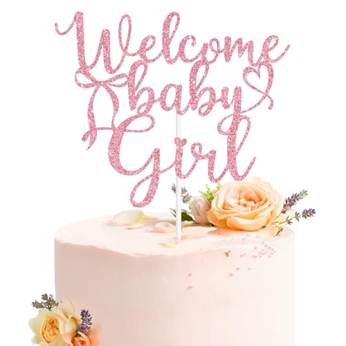 Welcome Baby Girl Cake Topper with Bow Tie Design - Pink Party Decor