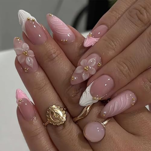 French Tip Press on Nails Medium Almond Fake Nails with 3D Floral