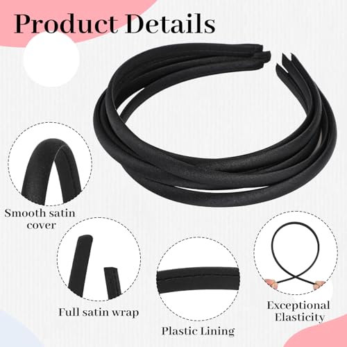 Yolev 20pcs Black Satin Headbands for Women Non-Slip Skinny Hair Bands