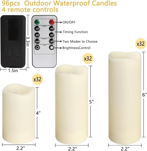 96 Ivory Waterproof Outdoor Flameless LED Candles with Remote & Timer Set