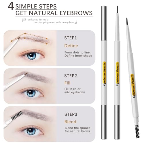 Kemelo Jane Micro Eyebrow Pencil - 1.5mm Waterproof Dual-Ended Pen with Spoolie Brush, Grey