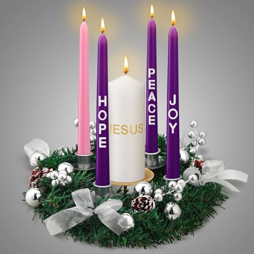 Christmas Advent Wreath Candle Holder Set with Pillar and Taper Candles - Silver, 5 Pieces - Holiday Decor