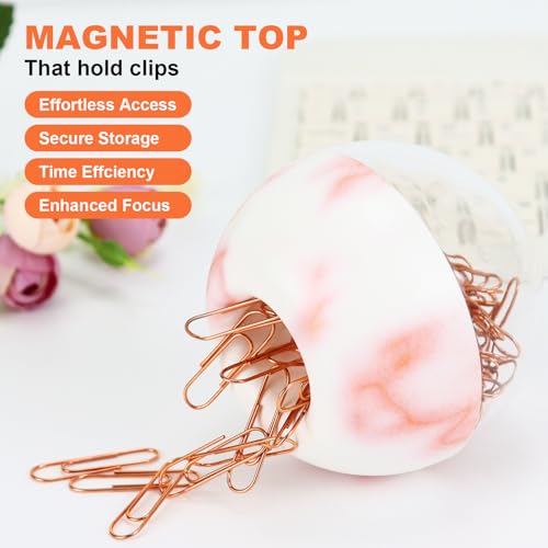 MultiBey Marble Pink Paper Clip Holder with 100 Rose Gold Clips