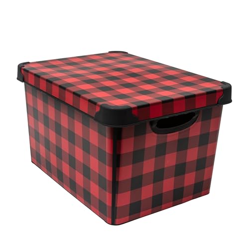 Checkered Design Holiday Storage Bin - Christmas Tote with Lid - Buffalo Plaid Organizer
