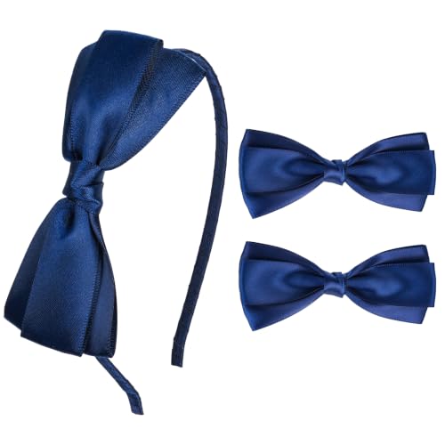 Navy Blue Bow Headband and Hair Clips Set for School Uniforms