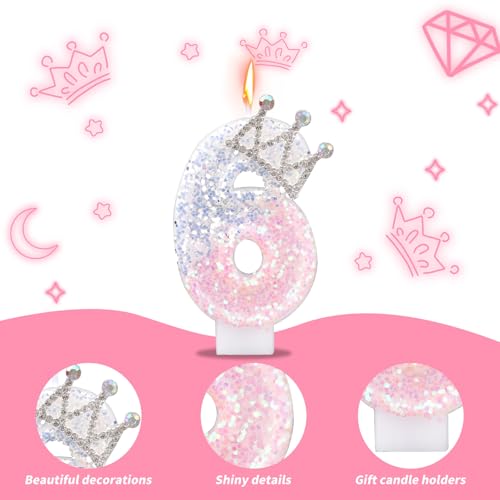 Lasuroa Pink and Silver Crown Number 6 Birthday Cake Candle