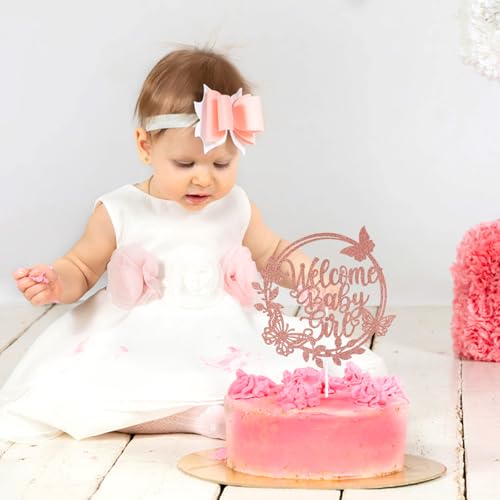 PEUTIER Welcome Baby Girl Cake Topper, Rose Gold Glitter, 8.27x5.71 Inch