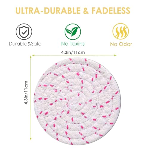 BRILLIRARE 8-Pack Woven Cotton Drink Coasters with Metal Holder - Pink