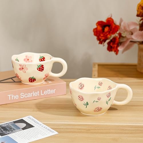 Ceramic Coffee Mug 9 oz Pink Rose Floral Tea Cup - Handcrafted Kitchen Drinkware
