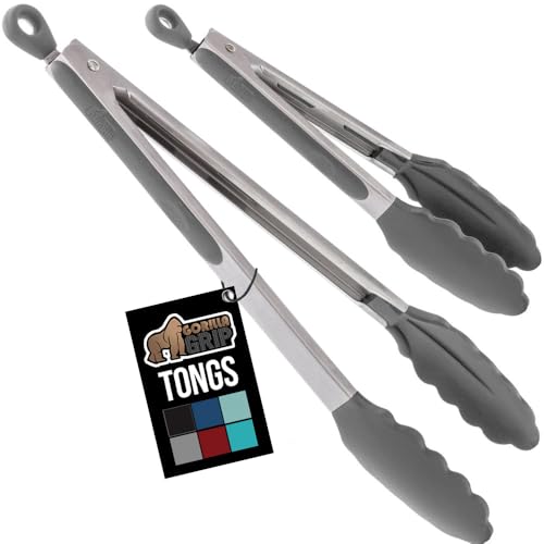 GORILLA GRIP Kitchen Tongs Set - Stainless Steel, 7" & 9", Gray