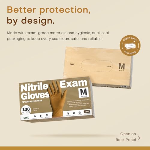 SUP Nitrile Exam Gloves, Powder-Free Disposable Gloves, Medium, Tan