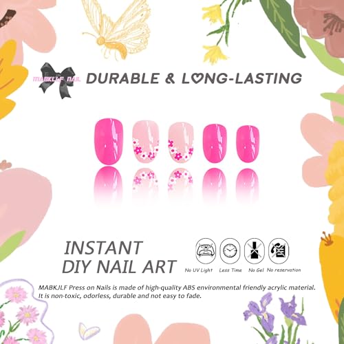 Short Almond Press On Nails Hot Pink Flower False Acrylic Manicure Kit 24Pcs