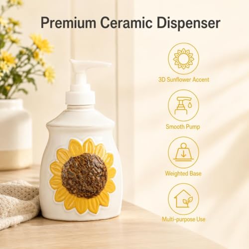 GABROC Ceramic Sunflower Soap Dispenser – Decorative 3D Floral Lotion Bottle