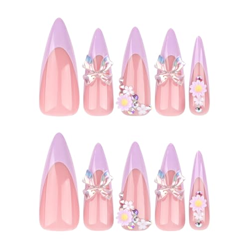 Long Stiletto Press on Nails 3D Bow Flower French Tip Fake Nails