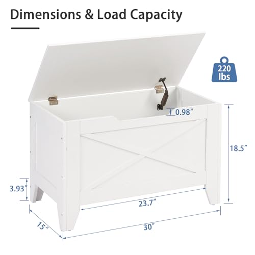 VECELO 30" Storage Bench, Entryway Shoe Ottoman, Farmhouse Style Bench with Handwoven Cushion and Metal Safety Hinges, for Bedroom, Living Room, Entryway, White