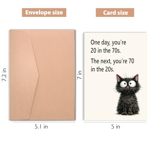 Funny 70th Birthday Card - Whimsical Black Cat Design, 5x7 Inch Greeting