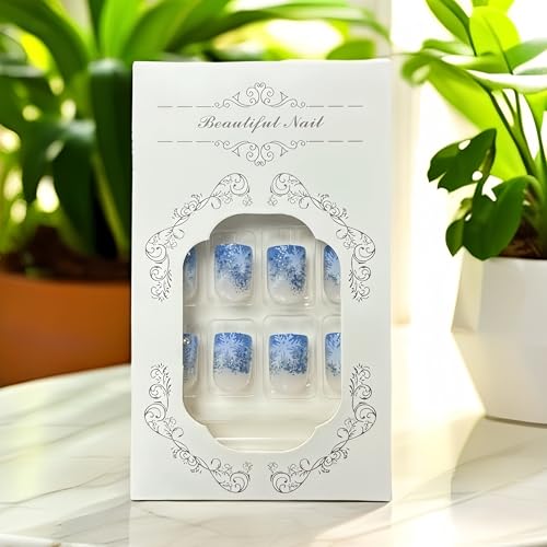 SHUXILIN Christmas Blue Press on Nails Short Square Glitter False Nails with Rhinestones