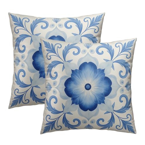 Elegant Blue Floral Throw Pillow Covers - 18x18 Inch Set of 2