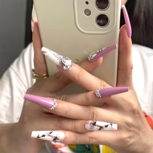 Pink Press on Nails with Rhinestones Long Coffin Fake Nails