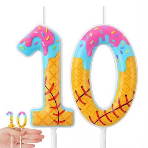 10th Birthday Baseball Number Candles, Ice Cream Drip Cake Topper Set