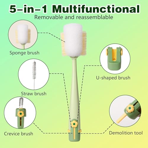 5-in-1 Bottle Cleaning Brush Set with Long Handle - Portable Kitchen Scrubber