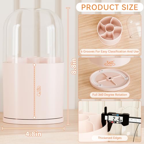 Yieach Rotating Makeup Brush Holder with Lid - 6-Compartment Pink Organizer