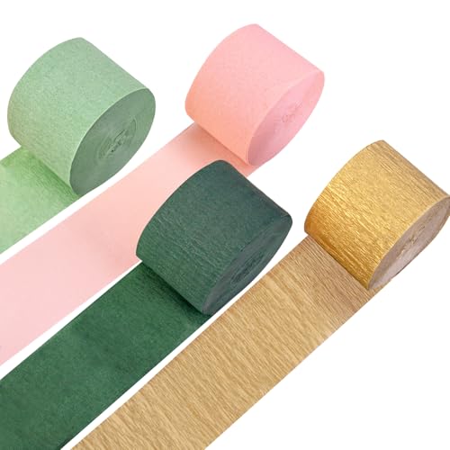 8 Rolls Sage Green Crepe Paper Streamers for Party Decorations, Boho Wedding & Baby Shower, Gold & Pink Variants