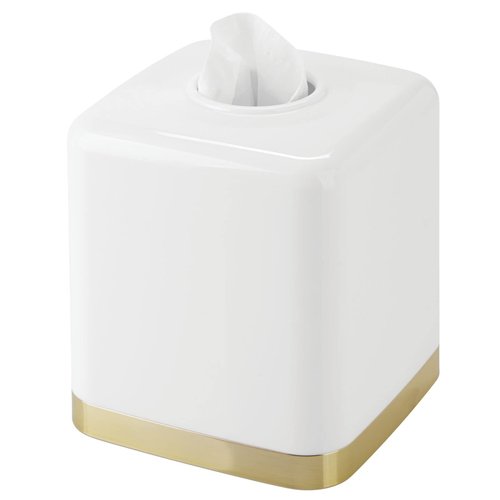 mDesign Plastic Square Disposable Facial Tissue Box Cover for Bathroom Vanity, Countertop, Bedroom Dresser, Night Stand, Office Desk, End Table, Hold Paper Tissues - Hyde Collection - White/Soft Brass