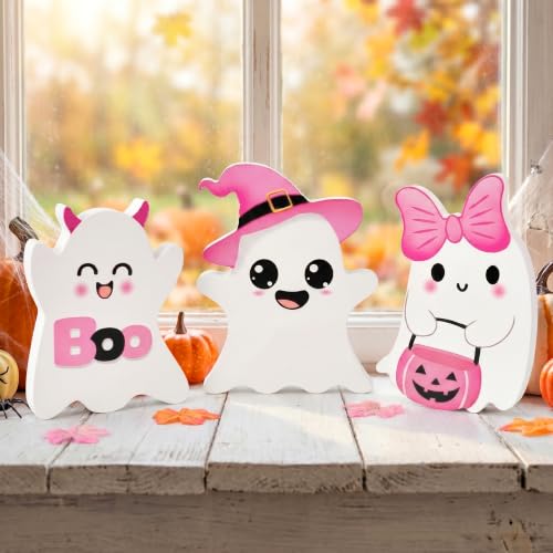 Cute Pink Wooden Ghost Halloween Table Decor - 3 PCs Set