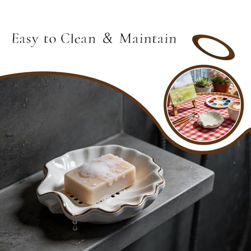 UULENNYM Shell Ceramic Soap Dish with Gold Trim - Coastal Bathroom Accessory