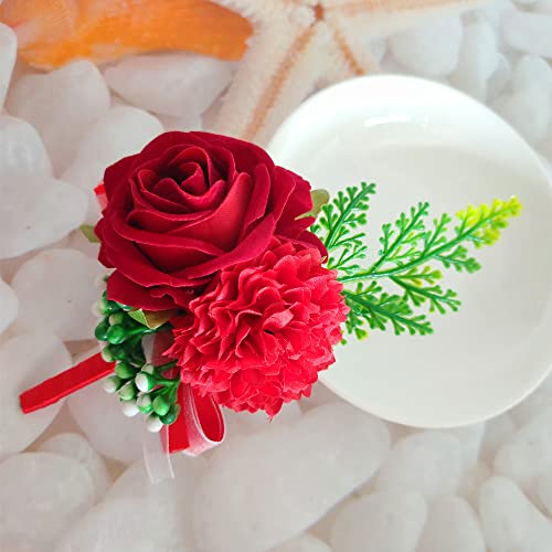 Red Corsage and Boutonniere Set for Weddings - 2 Pack