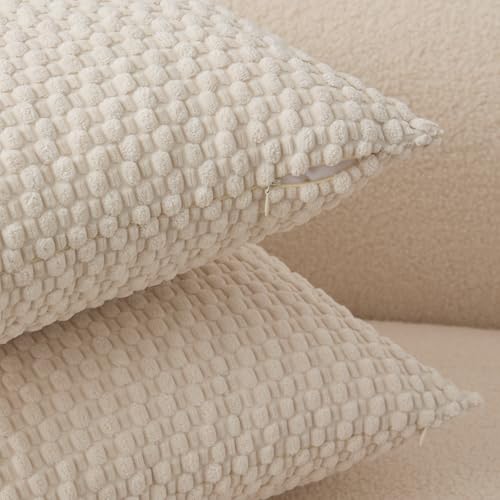 UGASA 12x20 Inch Velvet Lumbar Pillow Cover - Cream Striped Cushion