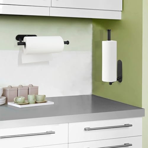 Black Under Cabinet Paper Towel Holder - Adhesive or Wall Mount Rack