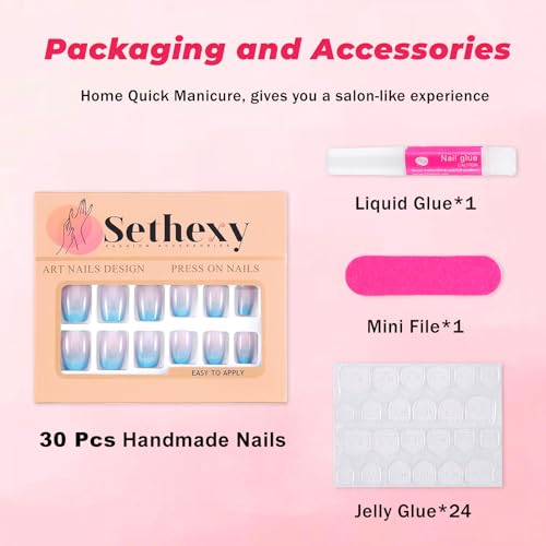 Blue Gradient Cat Eye Coffin Press on Nails - 30 Pcs Soft Gel Kit