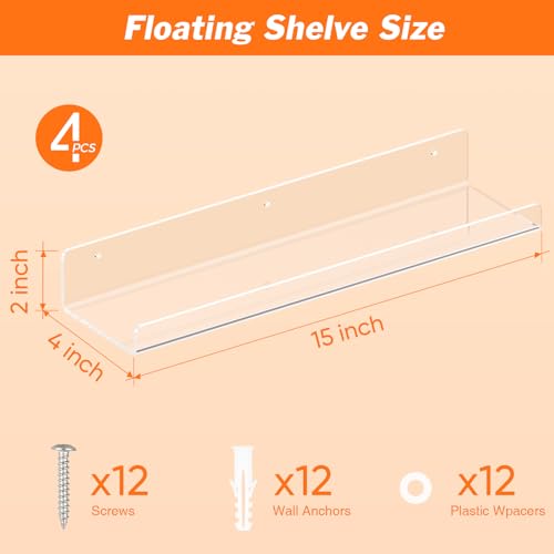 Dooiclear 4 Pack Clear Floating Wall Shelves - 15" Storage