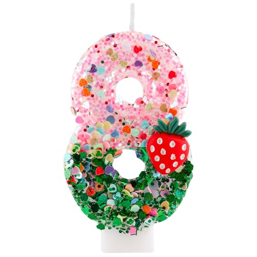 Glitter Number 8 Birthday Candle Pink Green Strawberry Cake Topper