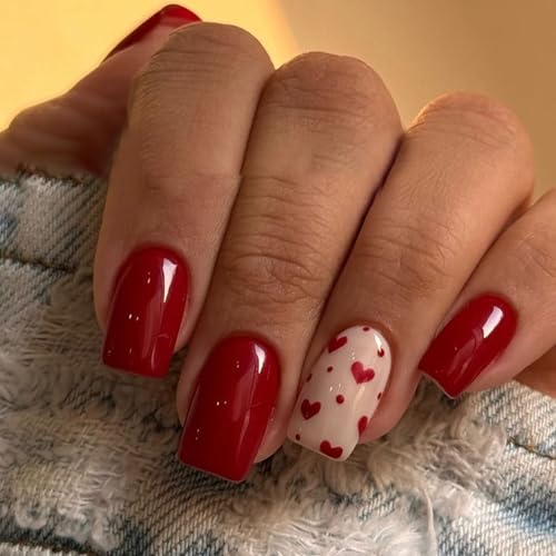 Valentine Press on Nails Red Square False Nails Heart Design