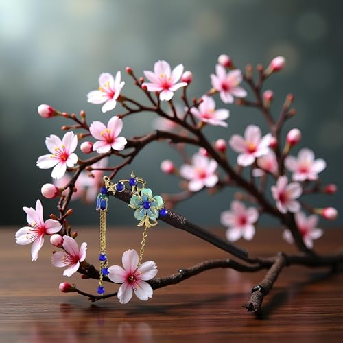 Blue Wooden Hair Stick Vintage Tassel Floral Hairpin for Hanfu