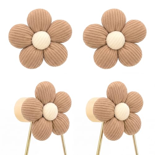 Novabright Khaki Wooden Flower Wall Hooks Set of 4 with Screws - Decorative Coat & Towel Hangers