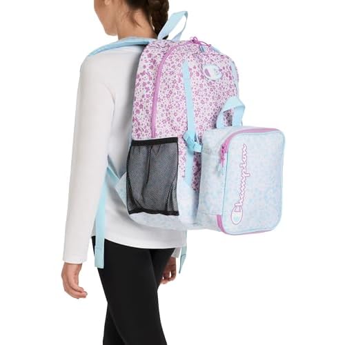Champion Mode 2-Piece Backpack and Insulated Lunch Box Combo Set with Laptop Compartment, Padded Straps, Water Bottle Pocket, Pink/Blue, One Size