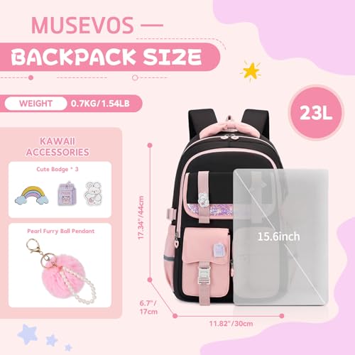 MUSEVOS Girls School Backpack - Large Water-Resistant Bookbag, Black Pink