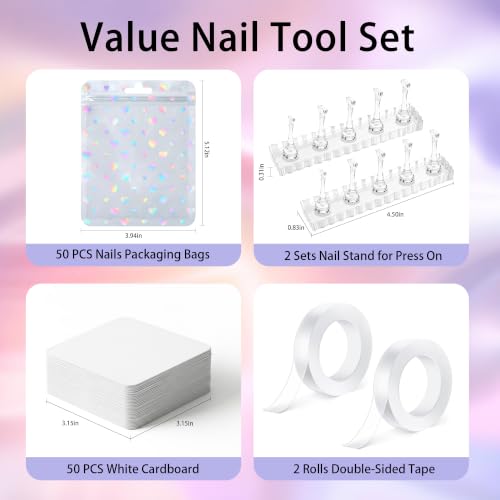 50PCS Holographic Nail Packaging Bags with Nail Stands & Tape