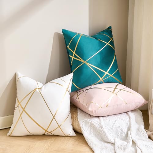 White Velvet Decorative Pillow Covers 16x16 - Pack of 2 with Gold Foil Design