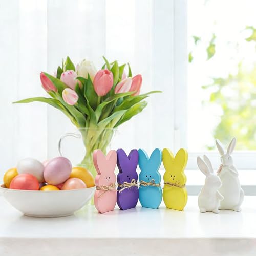 Wooden Easter Bunny Table Decor Set, 4-Piece Freestanding Spring Rabbit Accents