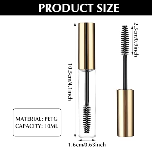 Tucnoeu 10ml Empty Mascara Tubes with Wands 5 Pcs - Gold Clear Refillable Castor Oil & Eyelash Serum Bottles