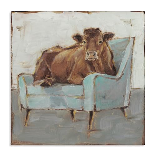 Stupell Industries Brown Bull on a Blue Couch Neutral Color Painting Stretched Canvas Wall Art, 17 x 17, Multi