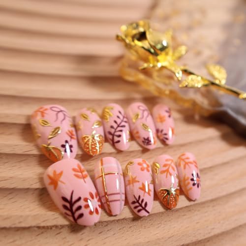 Fall Press On Nails Short Almond Thanksgiving Fake Nails with Rhinestones