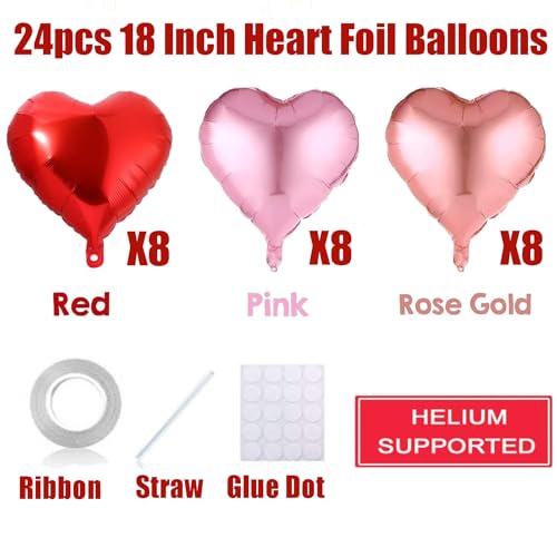 24-Pack 18-Inch Heart Foil Balloons for Valentine's Day Decor